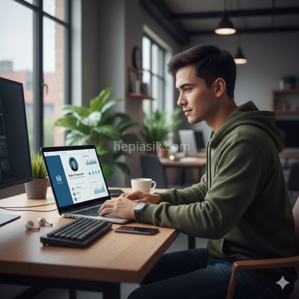 Anak muda produktif sedang membangun personal branding karir modern lewat laptop